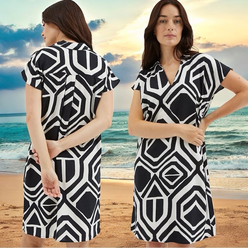 NEW George Geometric Popover Short Sleeve Dress Vacation‎ Resort Coastal Size 10